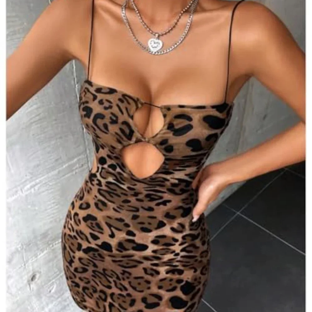 Y2K Leopard Print Cut Out Cami Bodycon Mini Dress Sleeveless Spaghetti Strap_4